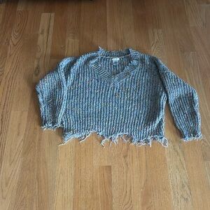 Main Strip Loose Fit Distressed Gray Confetti V-Neck Sweater Women's size small